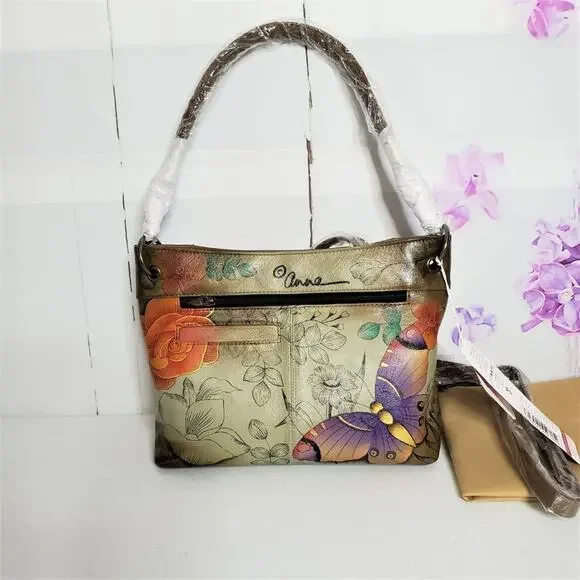 Anuschka Anna Butterfly Floral Paradise Hand Painted Leather Crossbody Bag
